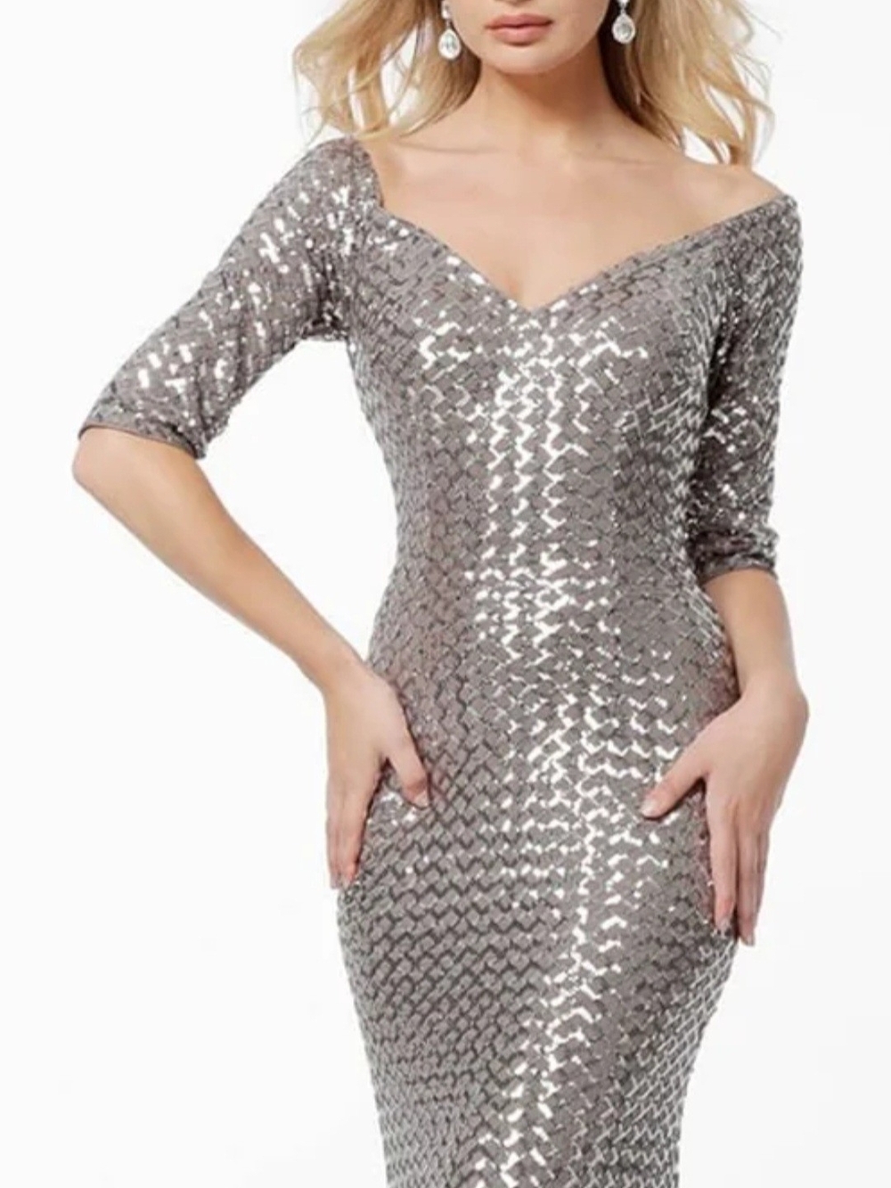 NWT Jovani Formal Silver Sequin Of-The-Shoulder 3/4 Sleeve Sheath Dress Size 4
